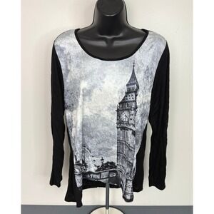 Susan Lawrence Women's London Big Ben Graphic Long Sleeve Top Black Size Large